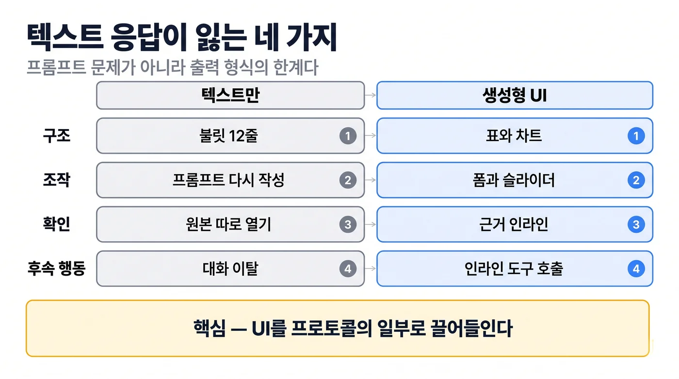텍스트만 있을 때 잃는 네 가지와 생성형 UI가 되돌려 주는 것: 구조는 불릿 나열 대신 표와 차트로, 조작은 프롬프트 재작성 대신 폼과 슬라이더로, 확인은 원본을 따로 여는 대신 근거 인라인으로, 후속 행동은 대화 이탈 대신 인라인 도구 호출로 바뀐다